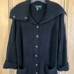 Lauren Ralph Lauren Womens Brass Button Collar Cardigan Sweater 1X Black FA EXC